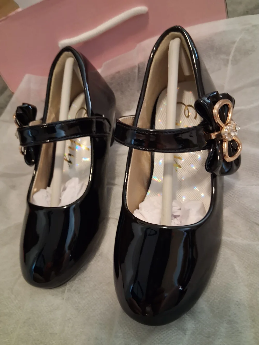 Eithy Black Patent Mary Jane Shoes W/Gold Bow Rhinestone US SIZE 9